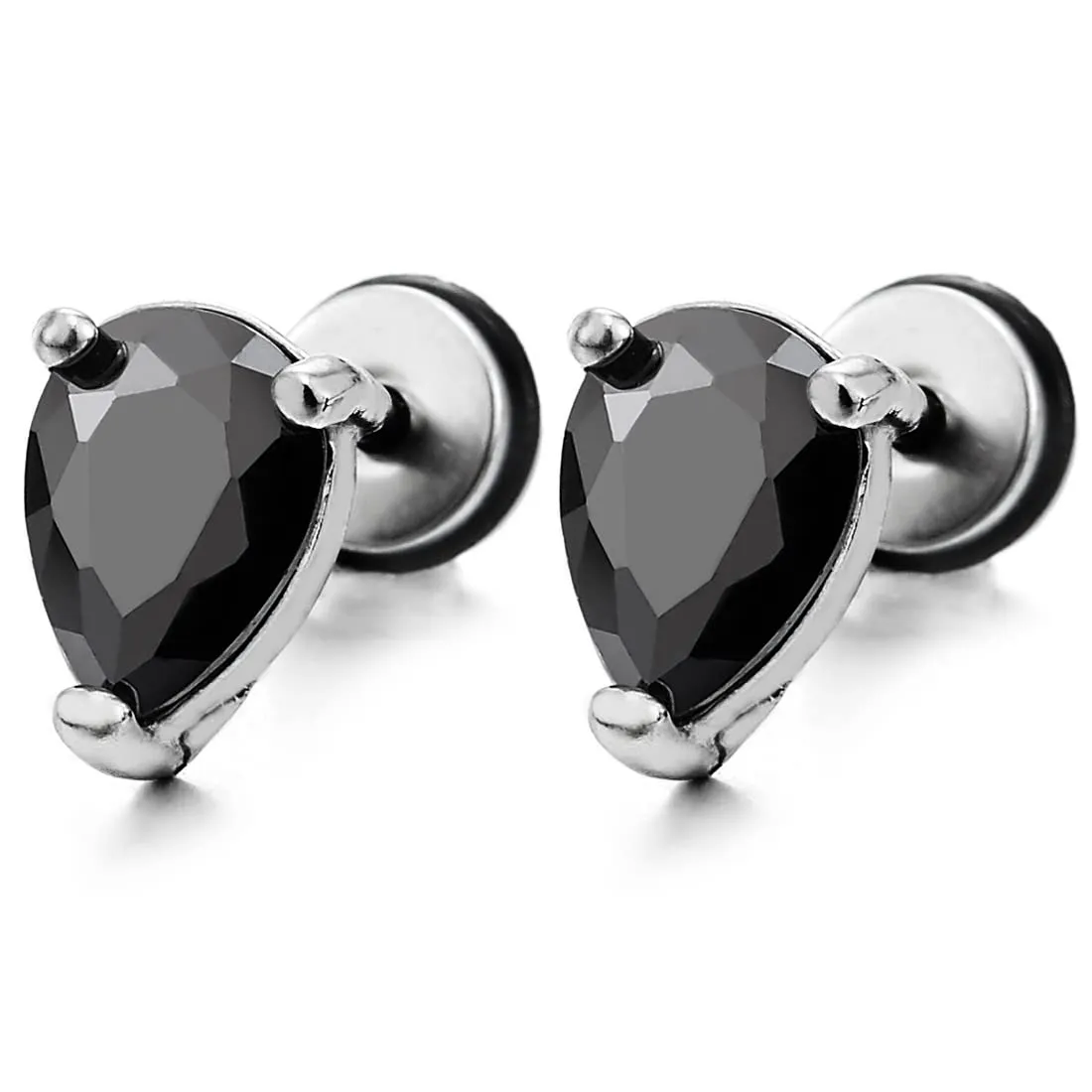 1 Pair Mens Women Pear Shape Black Cubic Zirconia Stud Earrings Stainless Steel Screw Back Post