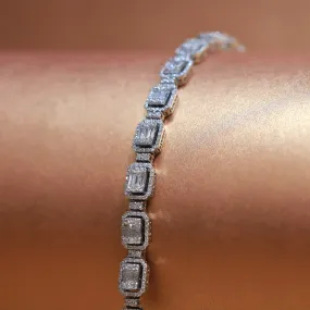 18ct White Gold Diamond Bracelet with Baguette Cut Diamond Emerald shape Halo setting