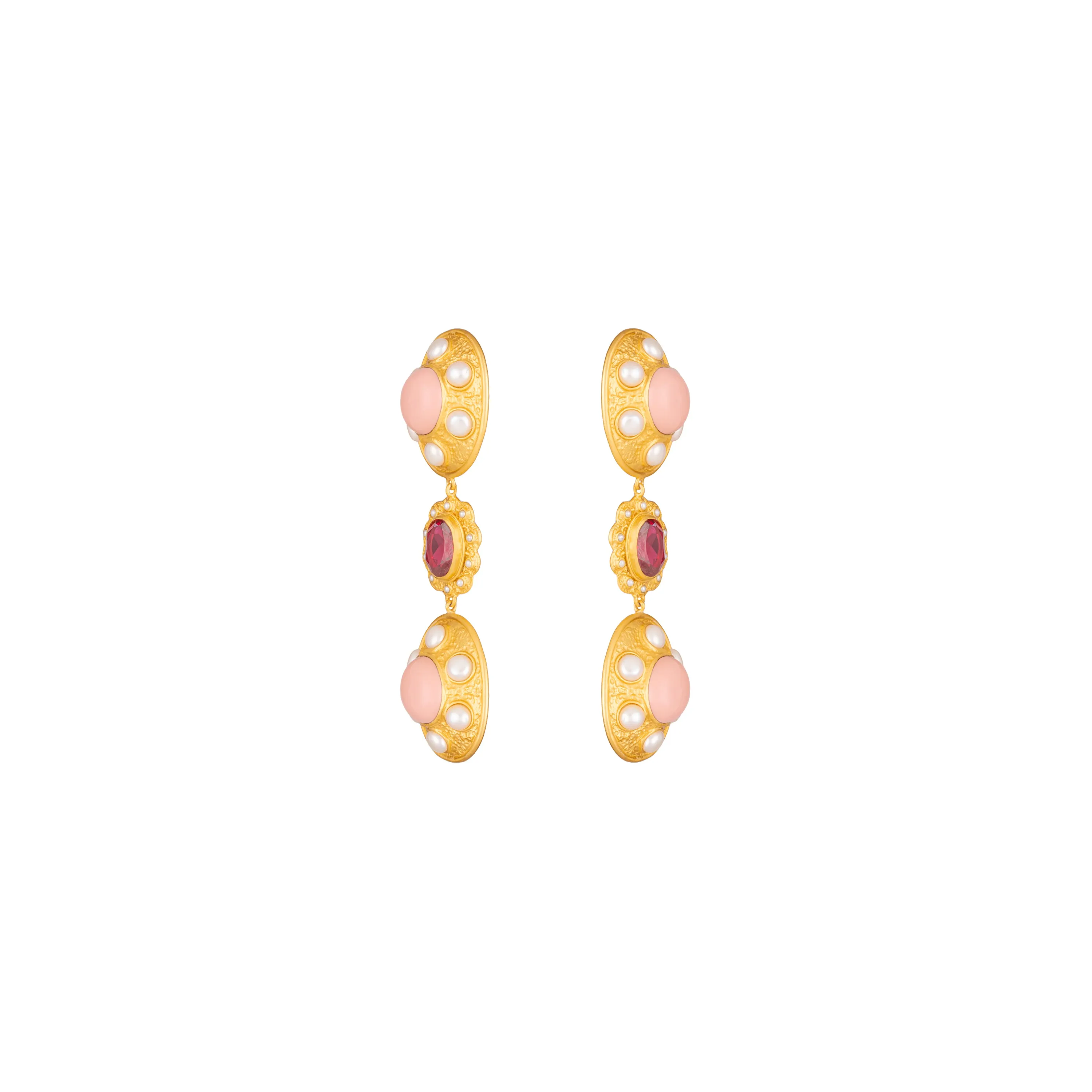 Amara Earrings Pink Coral, Pink Crystal & Pearls