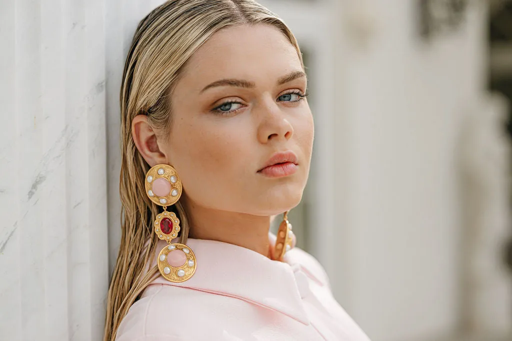 Amara Earrings Pink Coral, Pink Crystal & Pearls