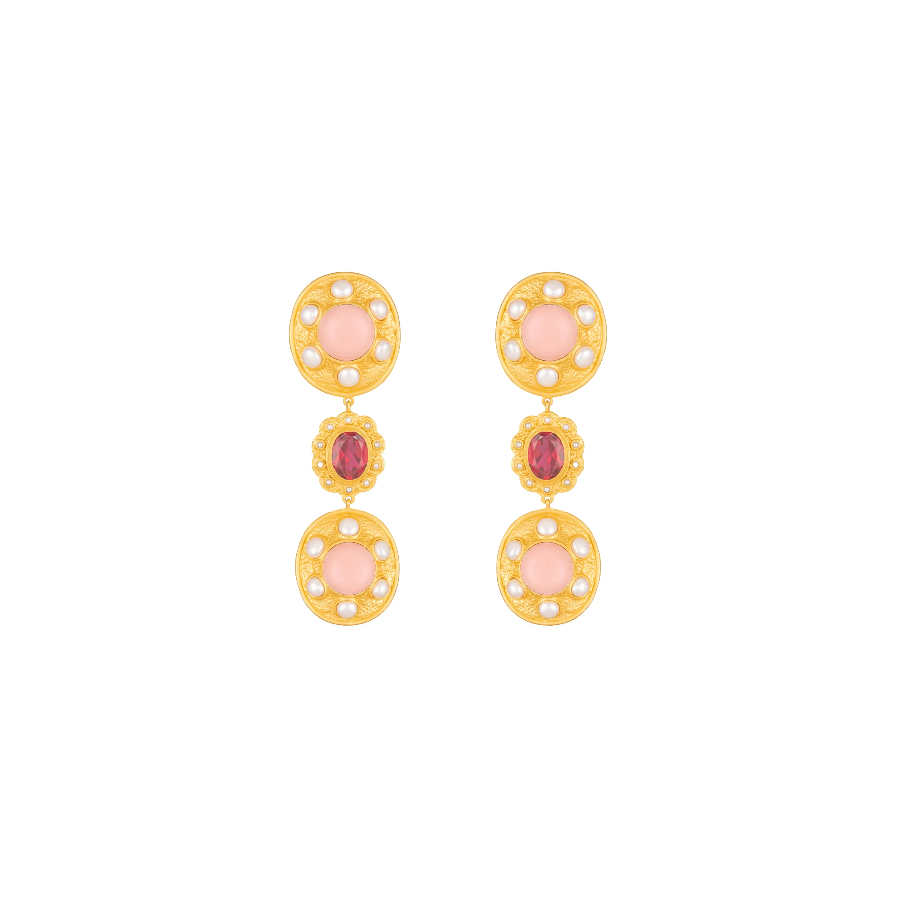 Amara Earrings Pink Coral, Pink Crystal & Pearls