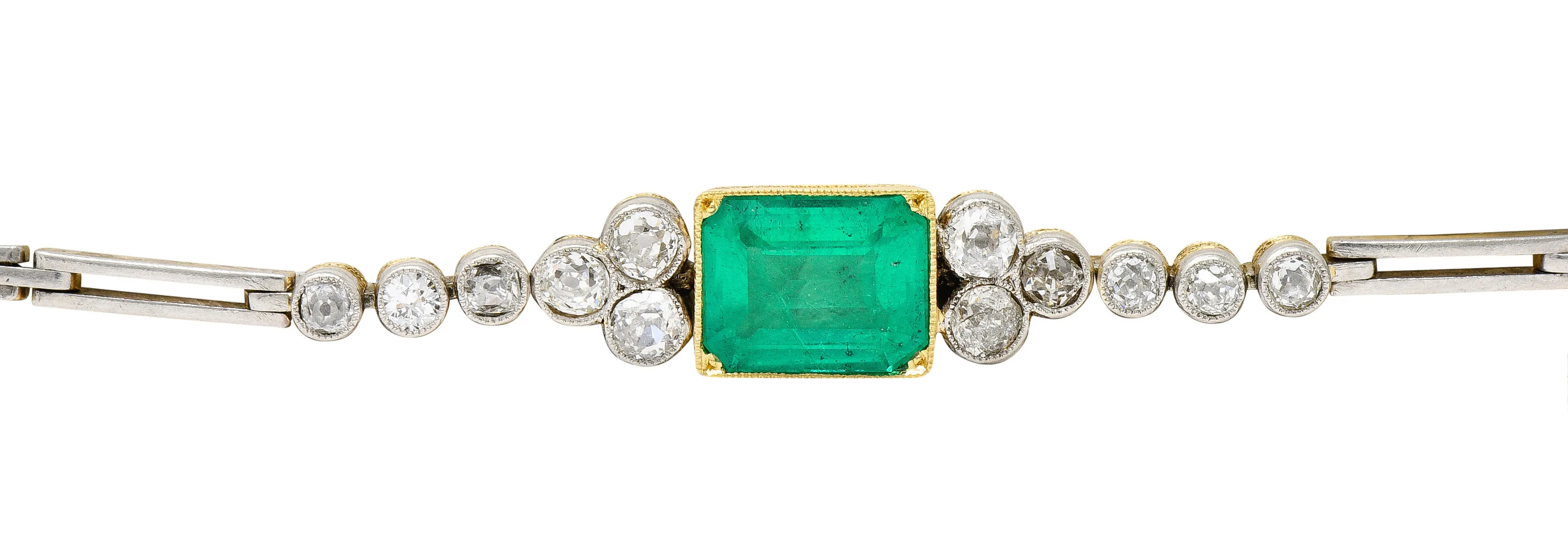 Art Deco 4.22 CTW Emerald Diamond Platinum-Topped 18 Karat Yellow Gold Vintage Link Bracelet