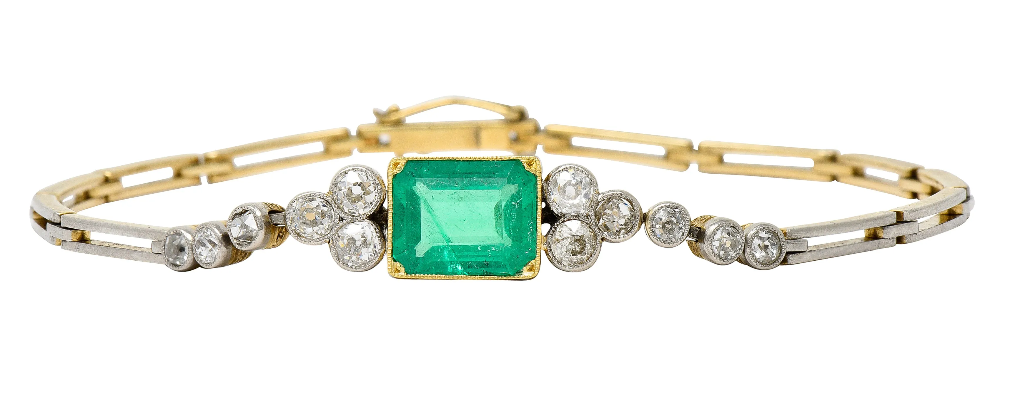Art Deco 4.22 CTW Emerald Diamond Platinum-Topped 18 Karat Yellow Gold Vintage Link Bracelet