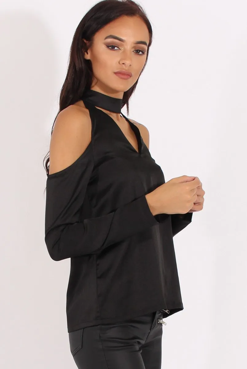 Black Satin Cold Shoulder Choker Top - Dana