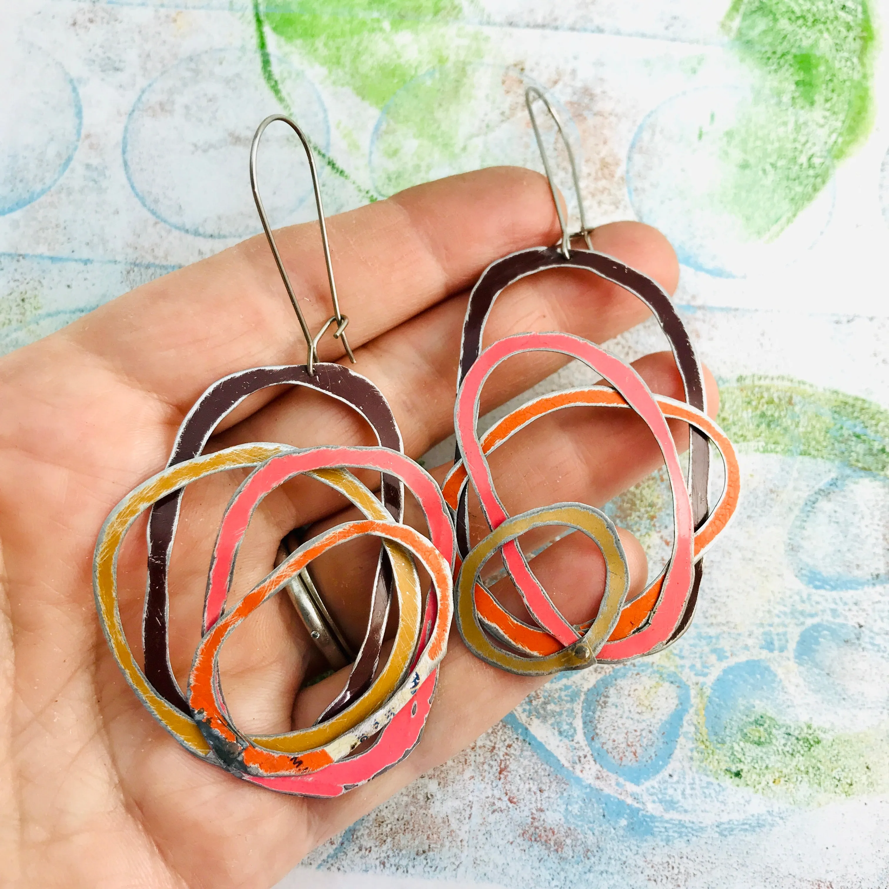 Chocolate, Coral, Persimmon, & Gold Scribbles Upcycled Tin Earrings