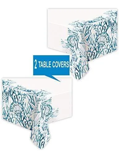 Coastal Blue & White Coral Reef Plastic Table Cover, 54" x 84" (2 Pack)