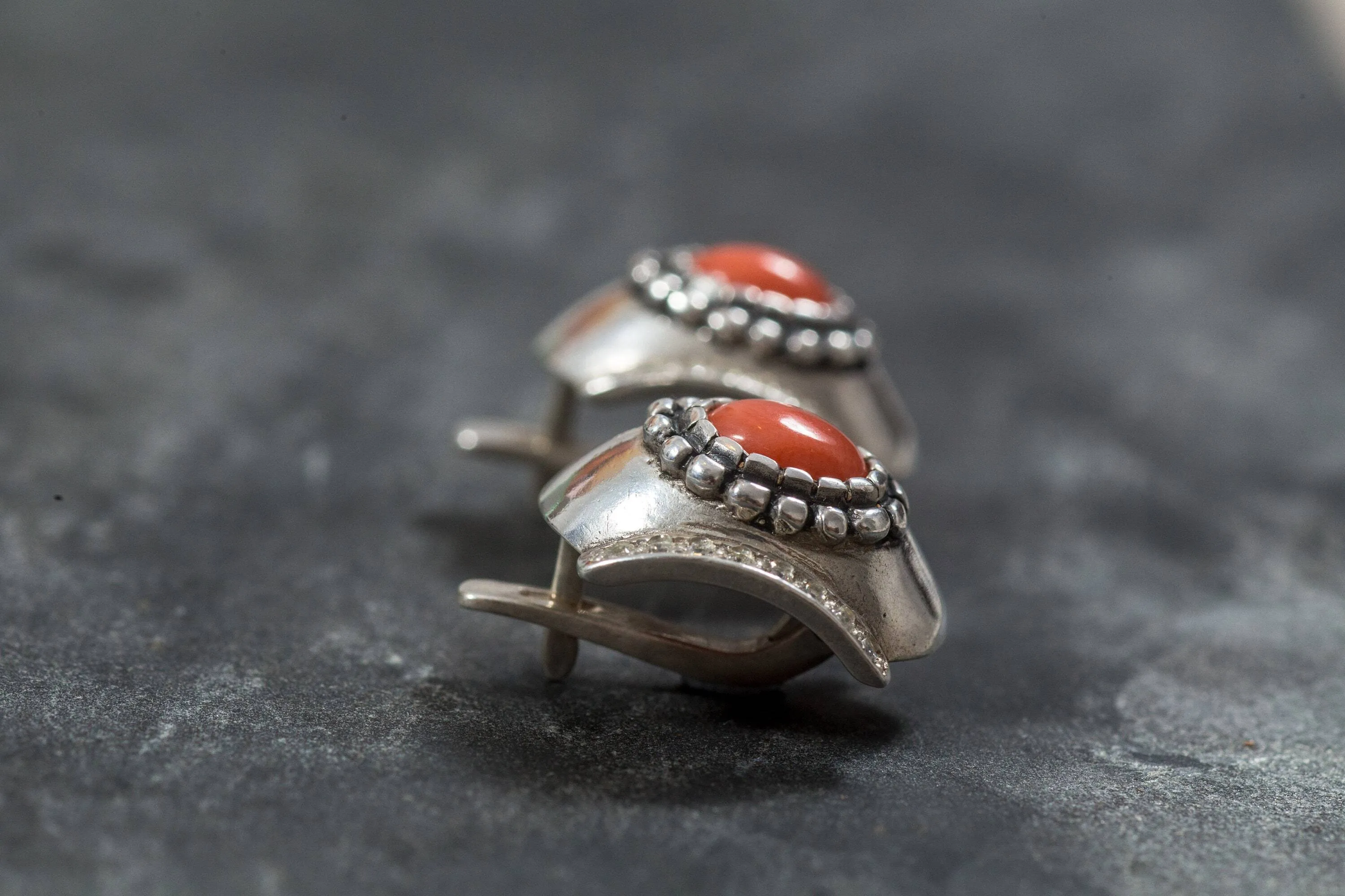 Coral Earrings - Wide Orange Earrings - Vintage Dome Earrings
