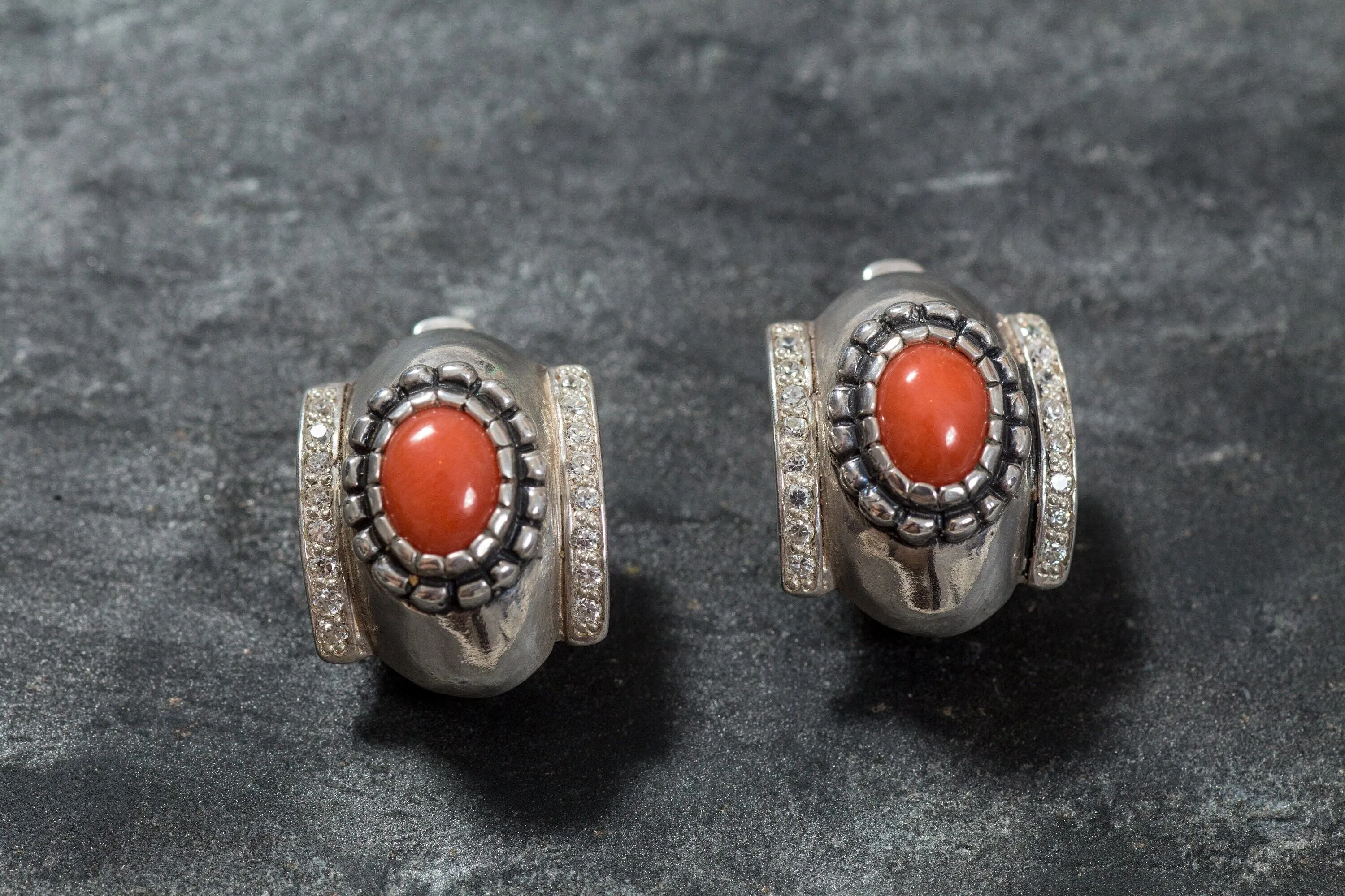 Coral Earrings - Wide Orange Earrings - Vintage Dome Earrings