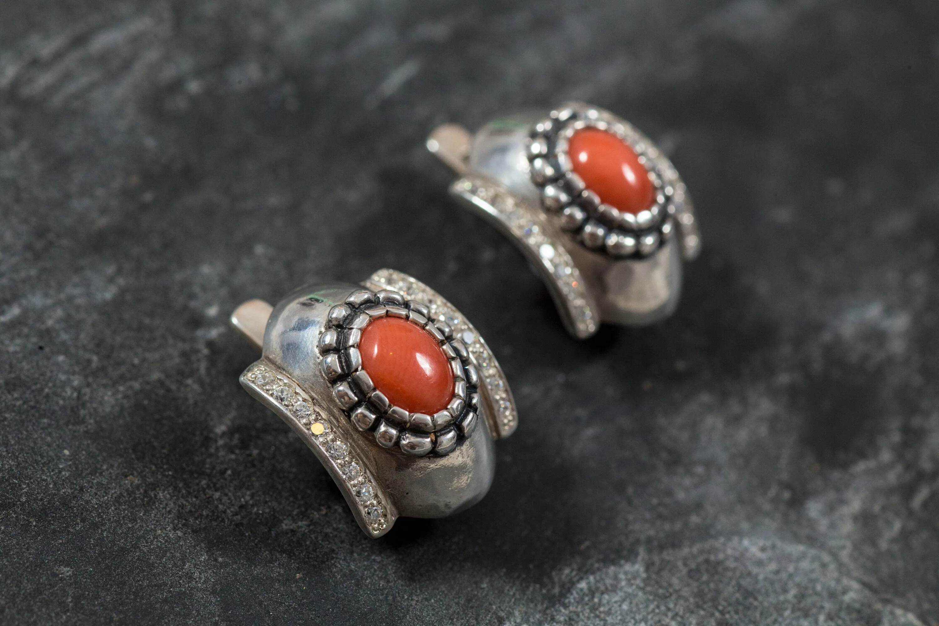 Coral Earrings - Wide Orange Earrings - Vintage Dome Earrings