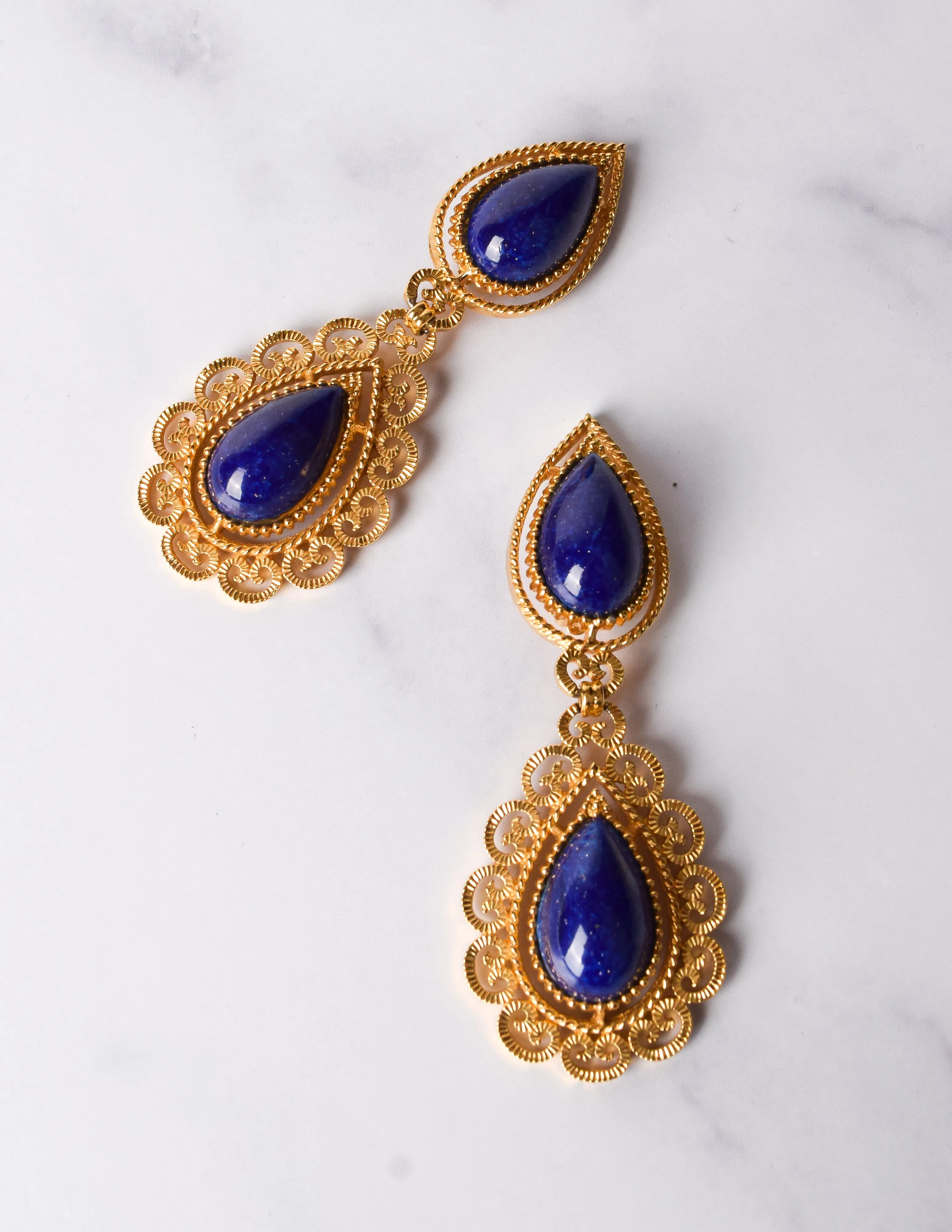 D'Orlan Vintage Massive Lapis and Golden Baroque Dangle Earrings