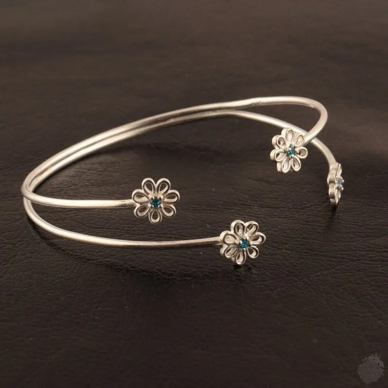 Emerald or a Blue Topaz Four Daisies Bangle - Sterling Silver