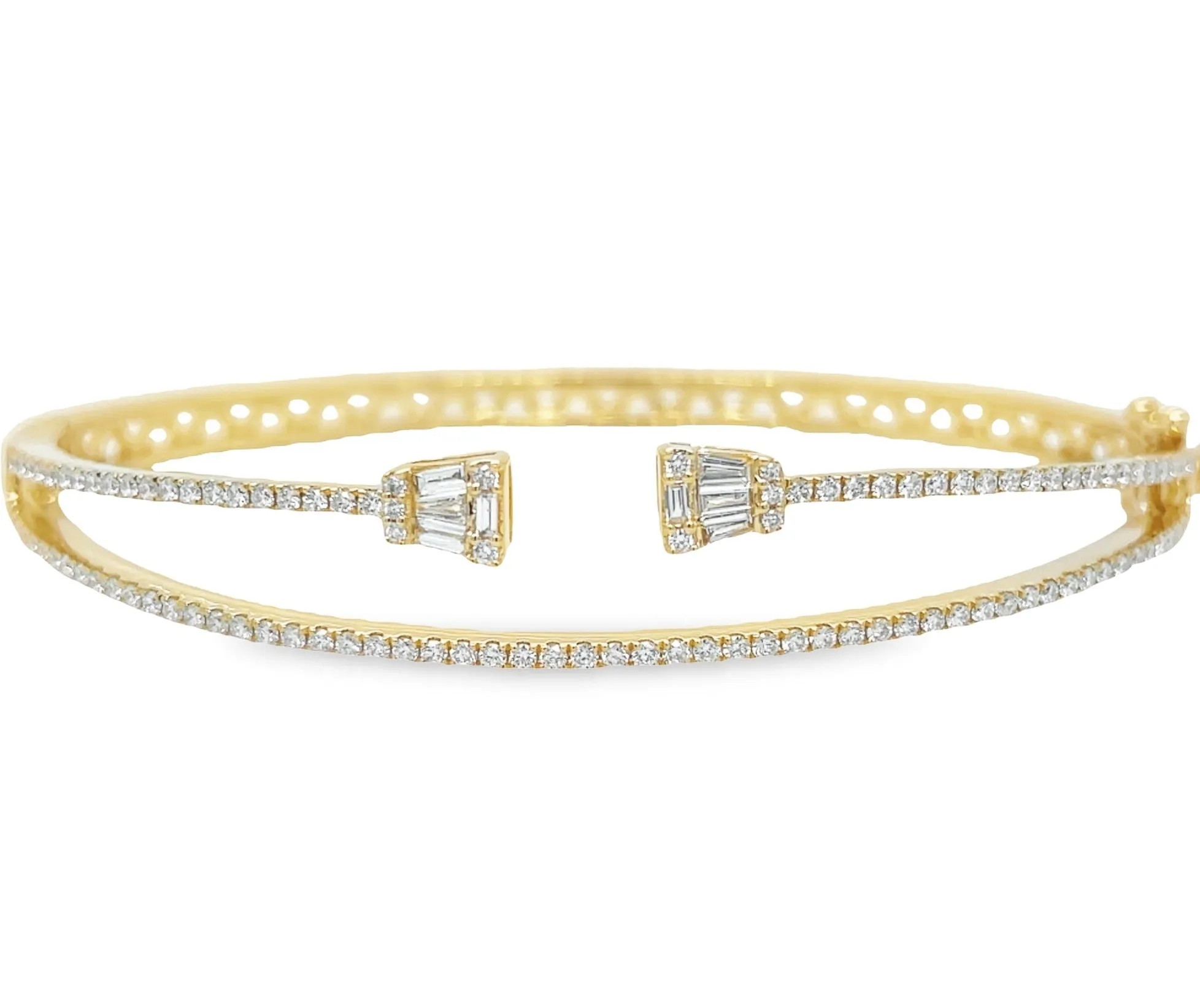 Mixed Cut Double Diamond Yellow Gold Cuff Bangle
