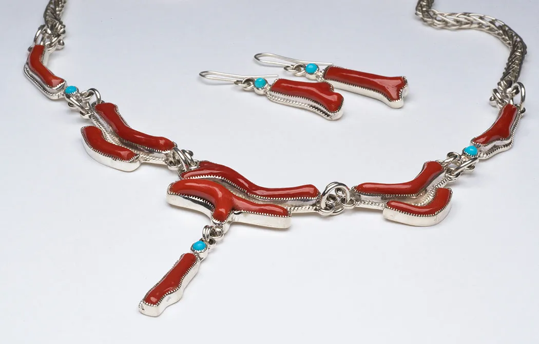 Natural Branch Red Coral & Sleeping Beauty Turquoise Necklace & Earrings Set