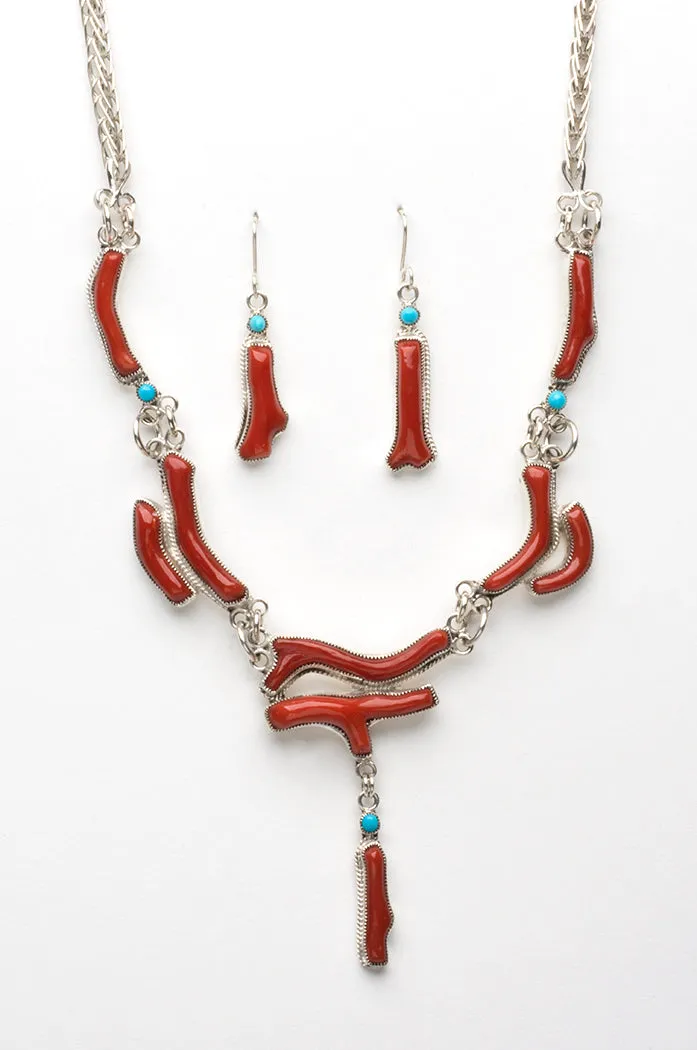 Natural Branch Red Coral & Sleeping Beauty Turquoise Necklace & Earrings Set