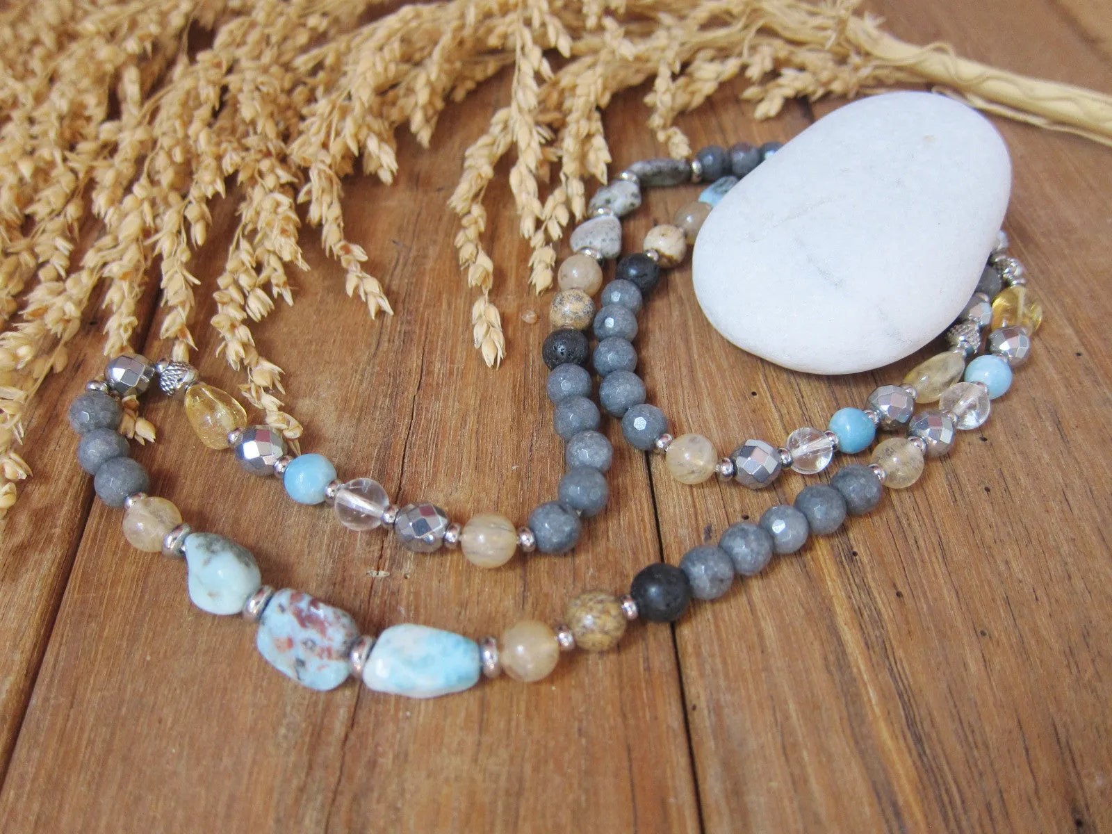 Natural Larimar, Citrine Stainless Steel Clasp Necklace