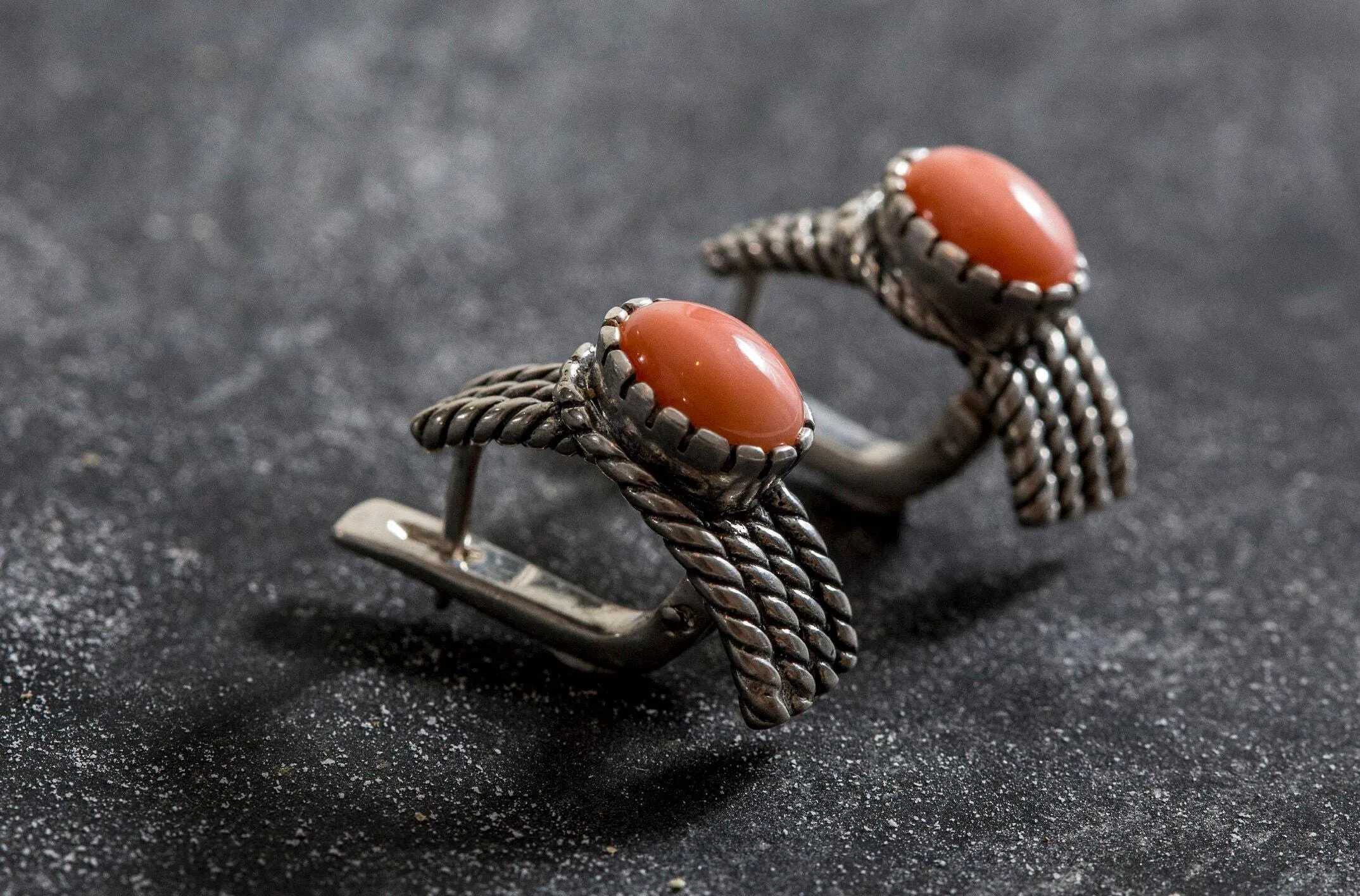 Pink Coral Earrings - Vintage Drop Earrings - Braided Rope Earrings