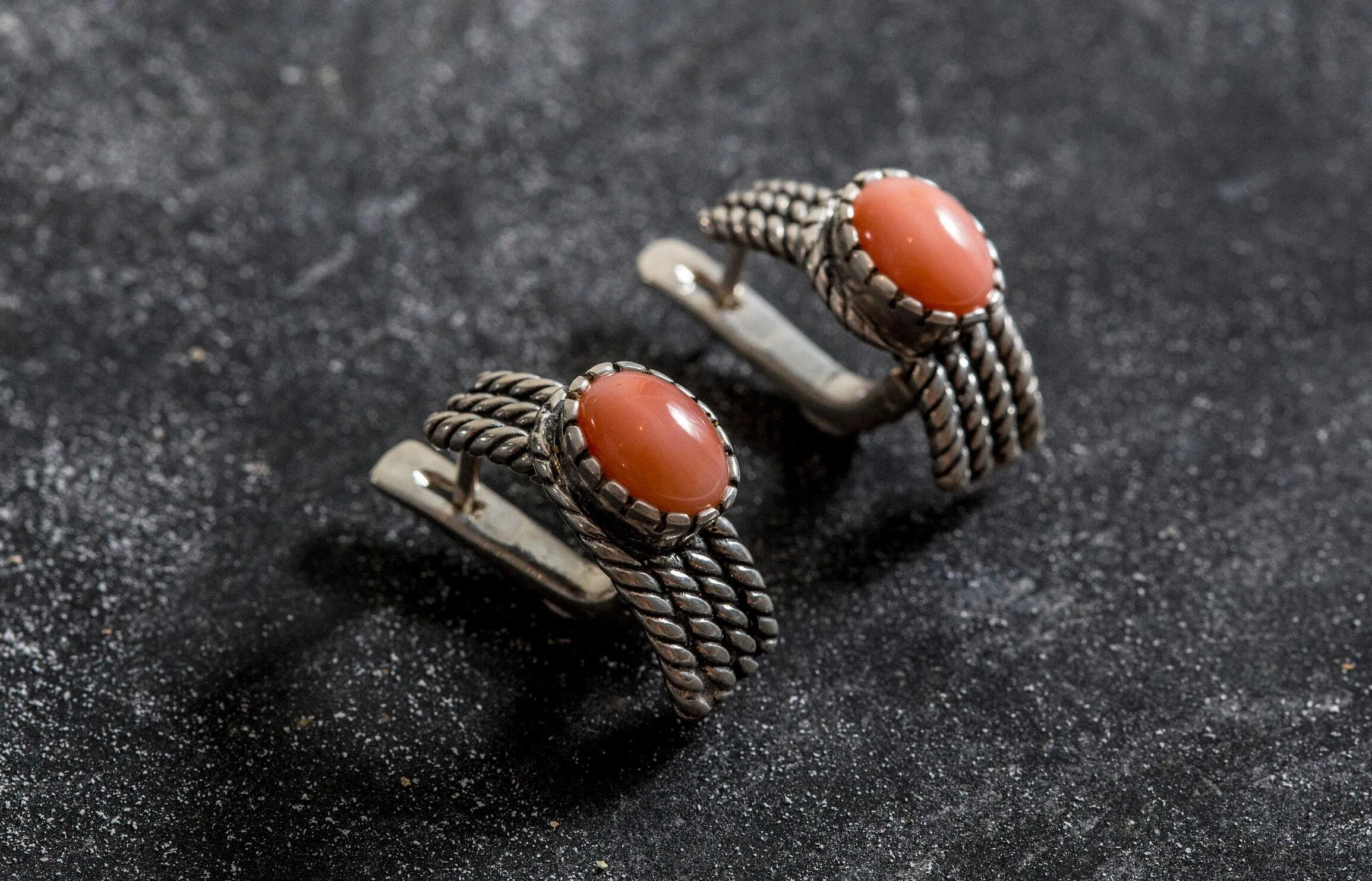 Pink Coral Earrings - Vintage Drop Earrings - Braided Rope Earrings