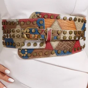 PU leather buckle adjustable patchwork belt