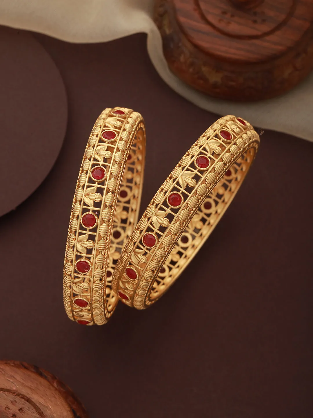 Set Of 2 Gold-Plated Stone-Studded Bangles