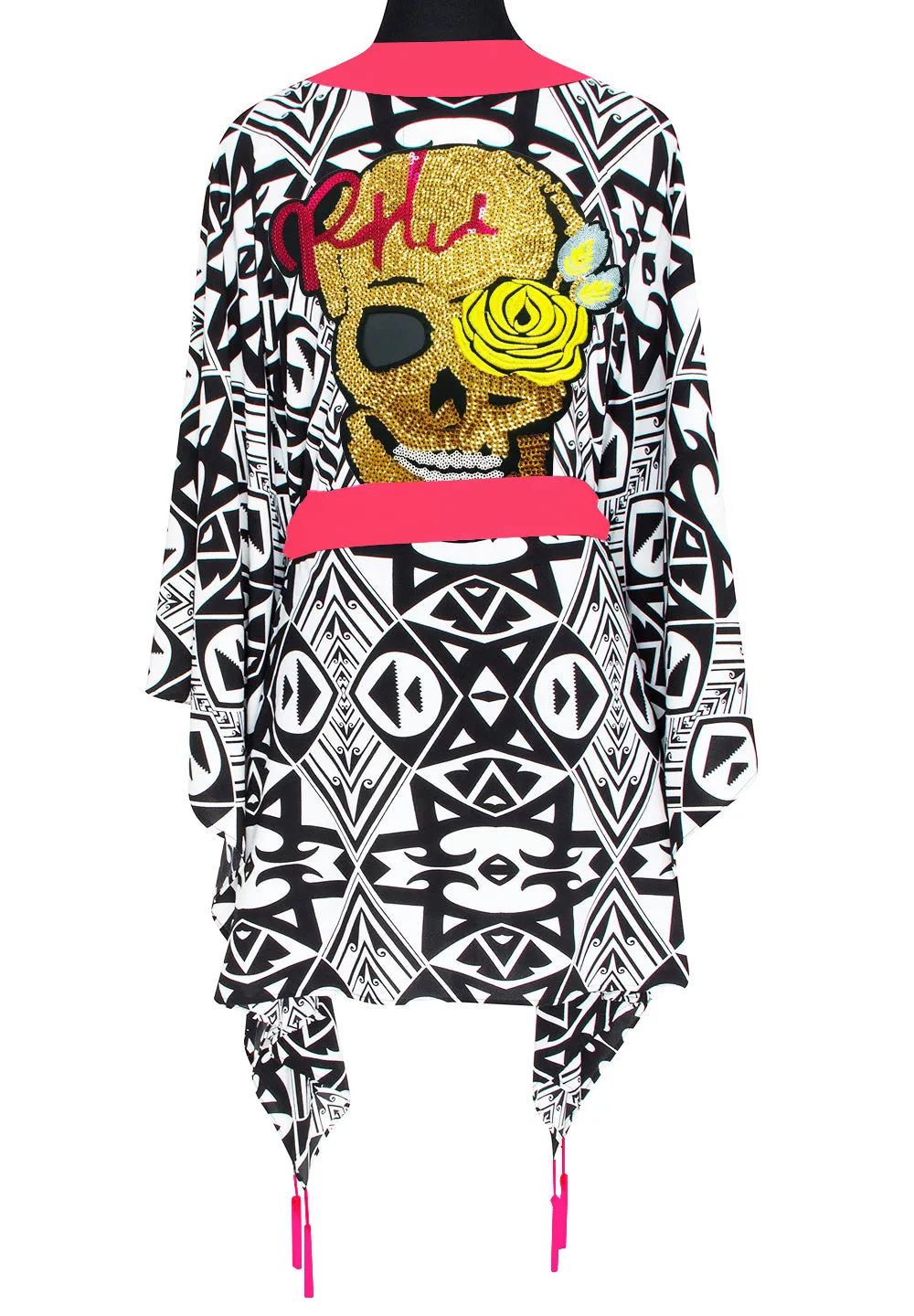 Tulum – Tribal Kimono Skull (Neon Coral)