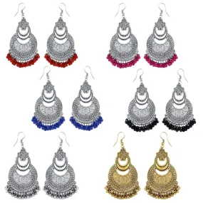 Yellow Chimes Combo of 6 Pairs Ethnic German Silver Oxidised Floral Design Beads Chandbali Earrings, silver, multicolour, medium (YCTJER-06OXDCHD-C-MC)